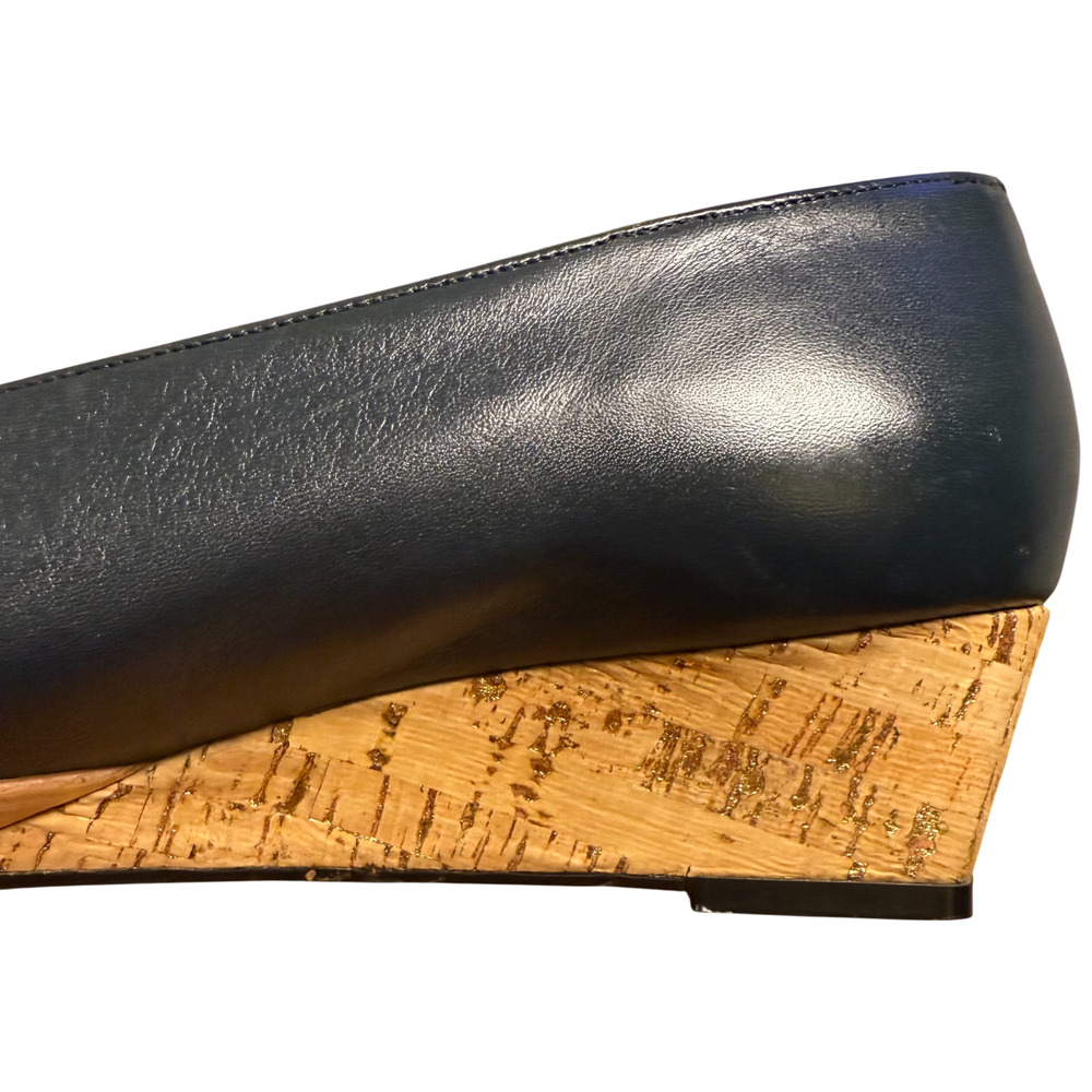 Magdesian Women's 10 Navy Leather Cork Wedge Heels Comfort Casual Italy - Picture 10 of 11